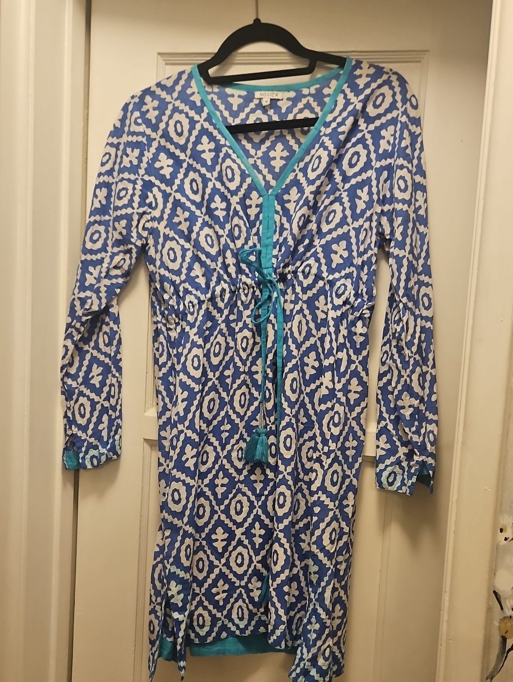 Blue & White Patterned Women’s Tunic Dress with Tassel Tie